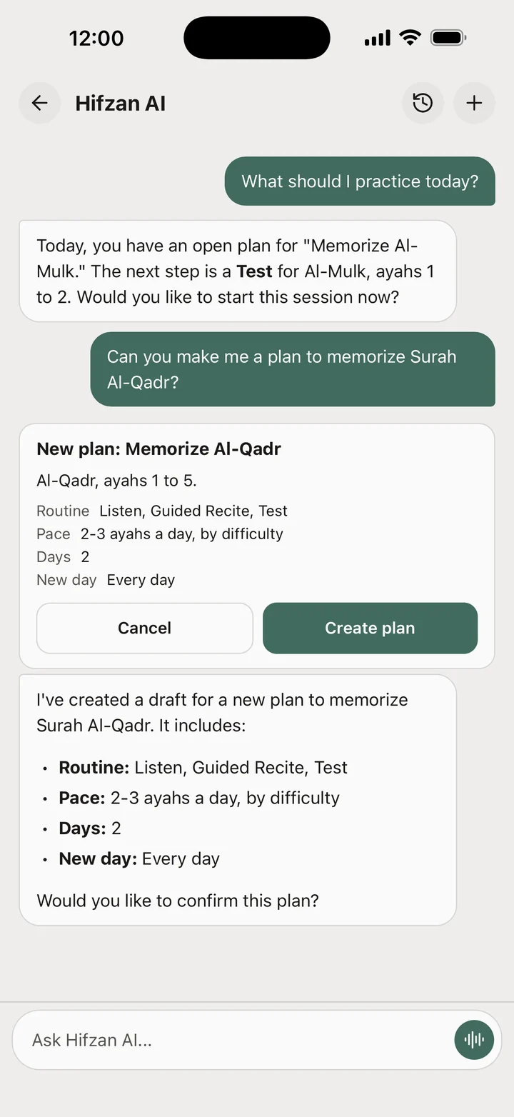 The Hifzan AI chat in light mode. Asked what to practice today, it answers that the next step in Memorize Al-Mulk is a test on ayahs 1 to 2 and offers to start it. Asked for a plan for Al-Qadr, it shows a draft with Cancel and Create plan buttons