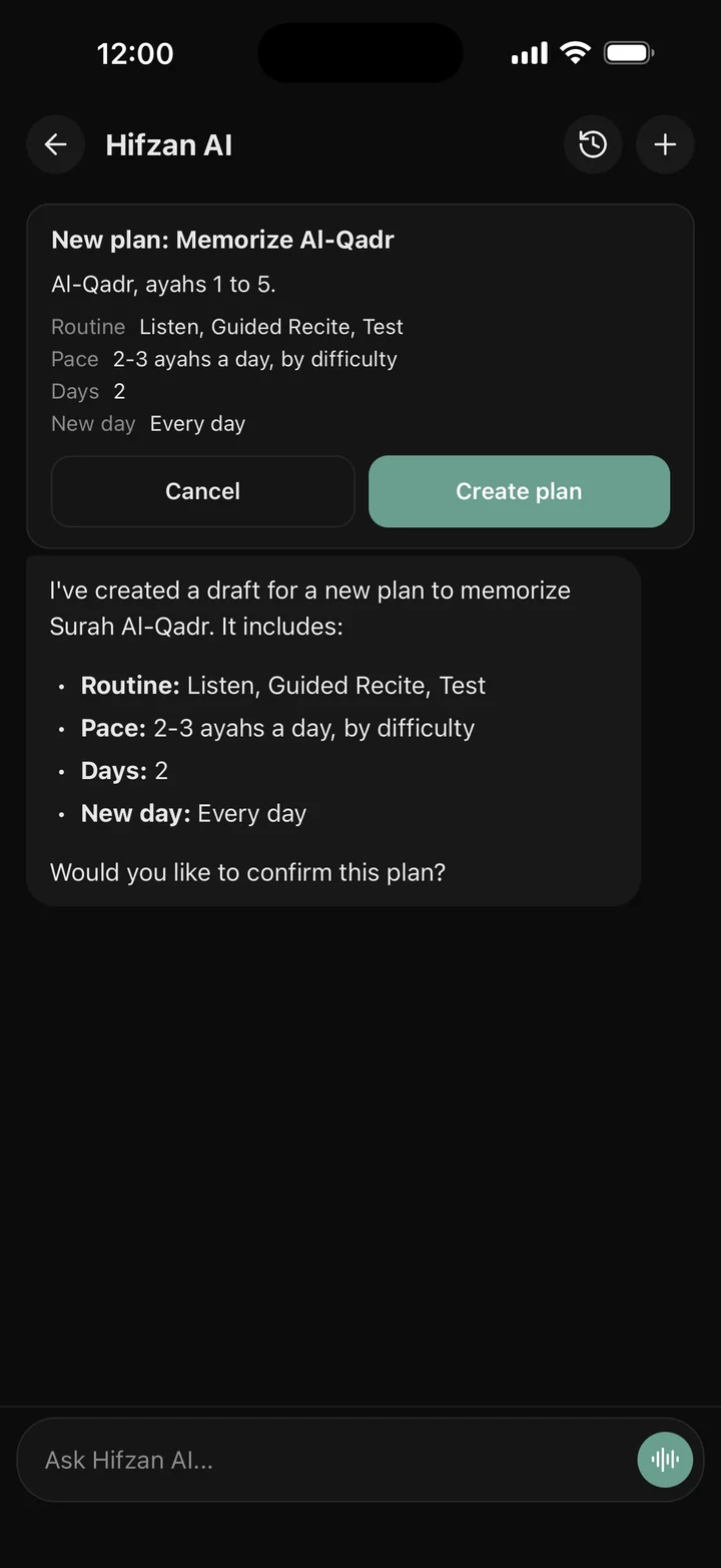 A plan draft from Hifzan AI: New plan, Memorize Al-Qadr, ayahs 1 to 5, routine Listen, Guided Recite and Test, 2 to 3 ayahs a day by difficulty, 2 days, every day, with Cancel and Create plan