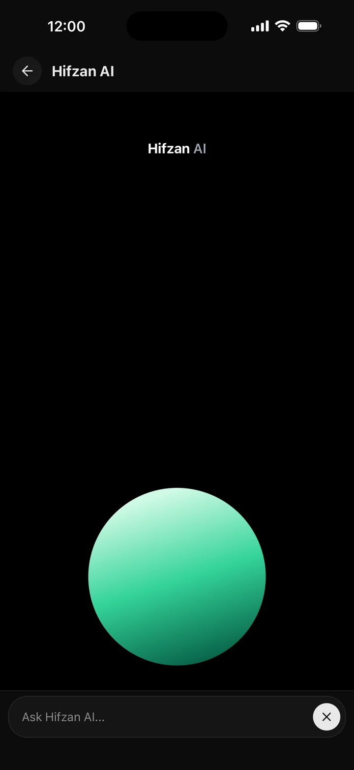 The Hifzan AI voice coach: a green orb under the title Hifzan AI