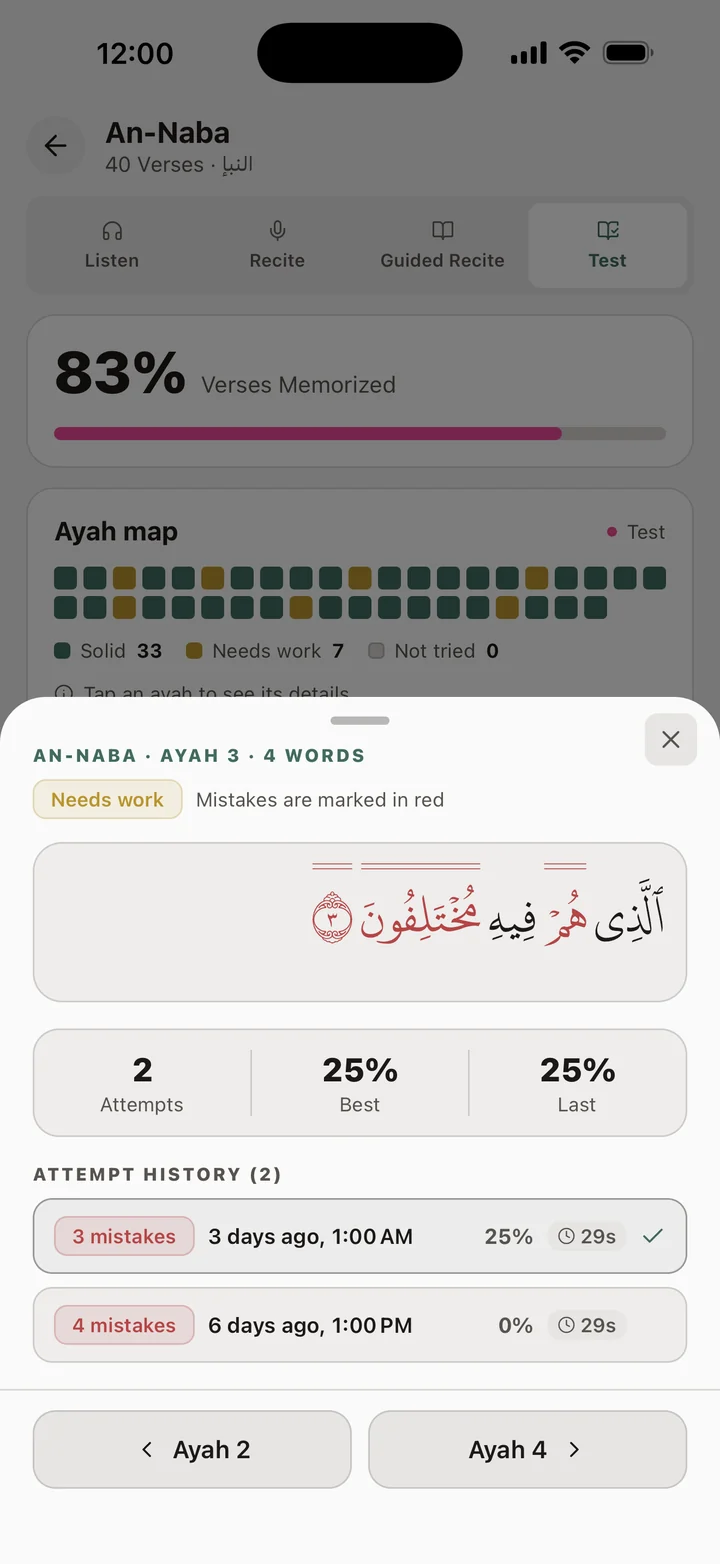 An ayah opened from the map: the missed words in red, attempts, best and last result, and the attempt history