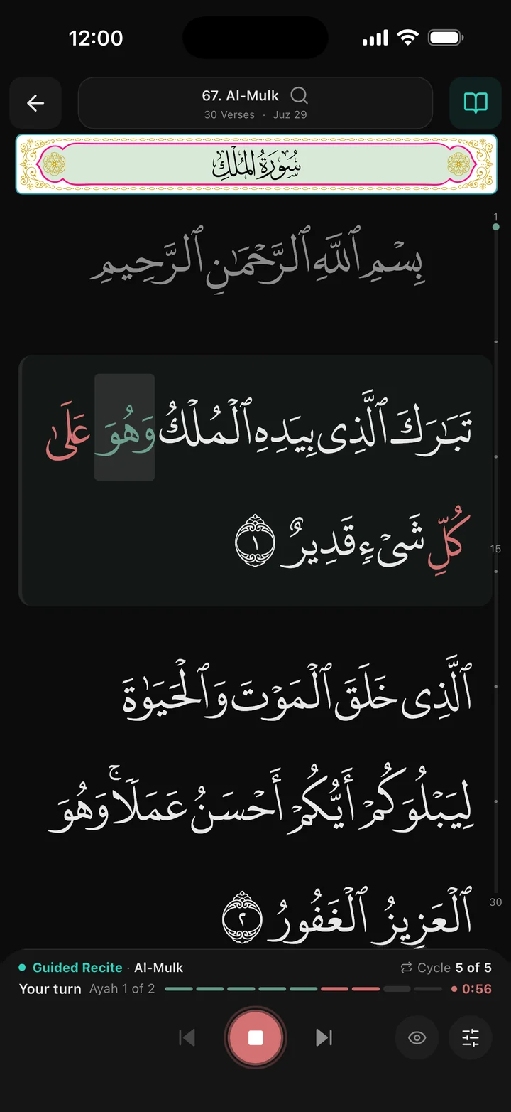 Guided Recite in the reader: your turn on ayah 1, with words marked as you recite, in dark mode