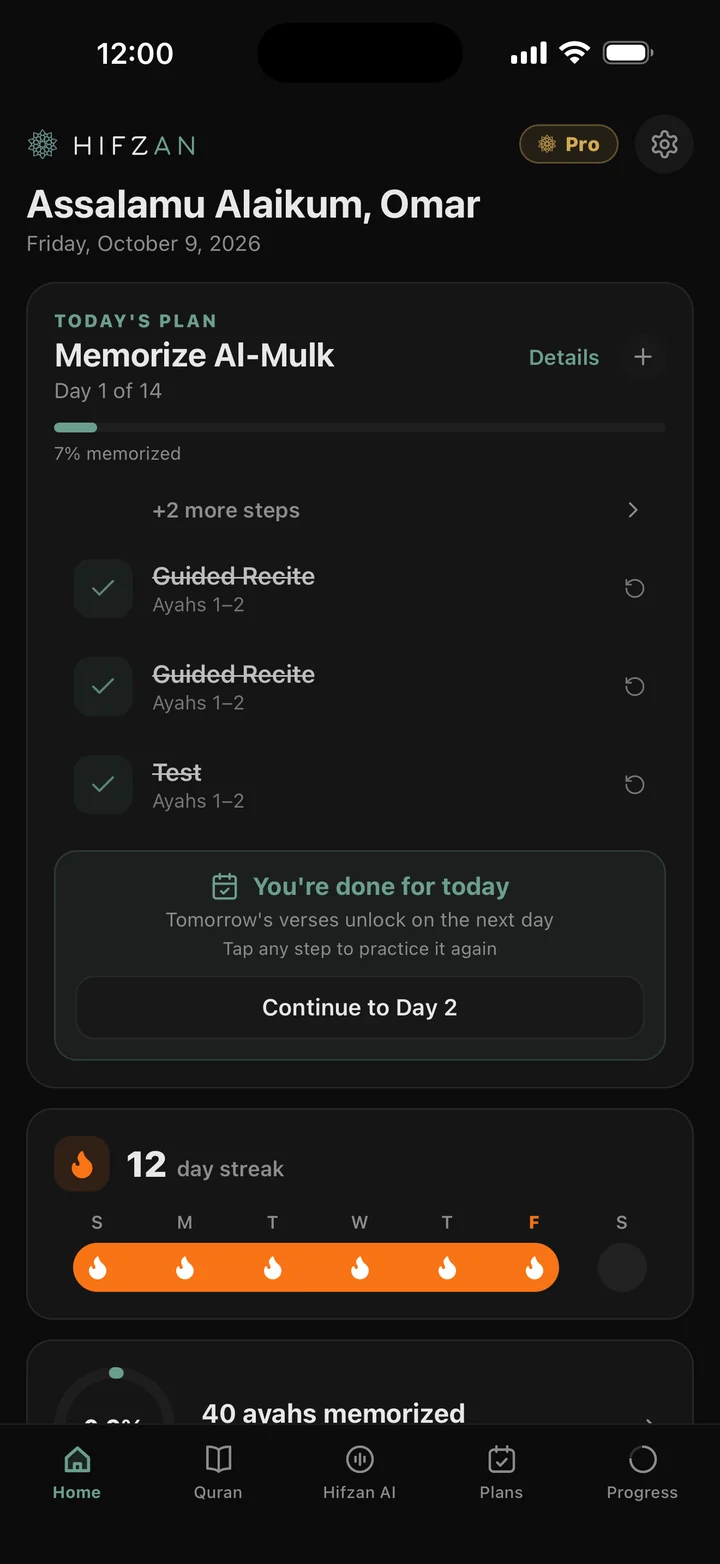 Today's plan after the test passes: every step checked and You're done for today, in dark mode