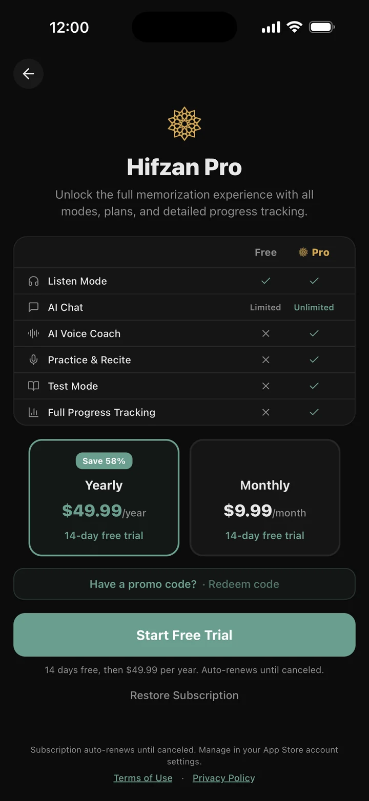 The Hifzan Pro screen in dark mode: Free and Pro compared, with AI Chat Limited on Free and Unlimited on Pro, and AI Voice Coach on Pro