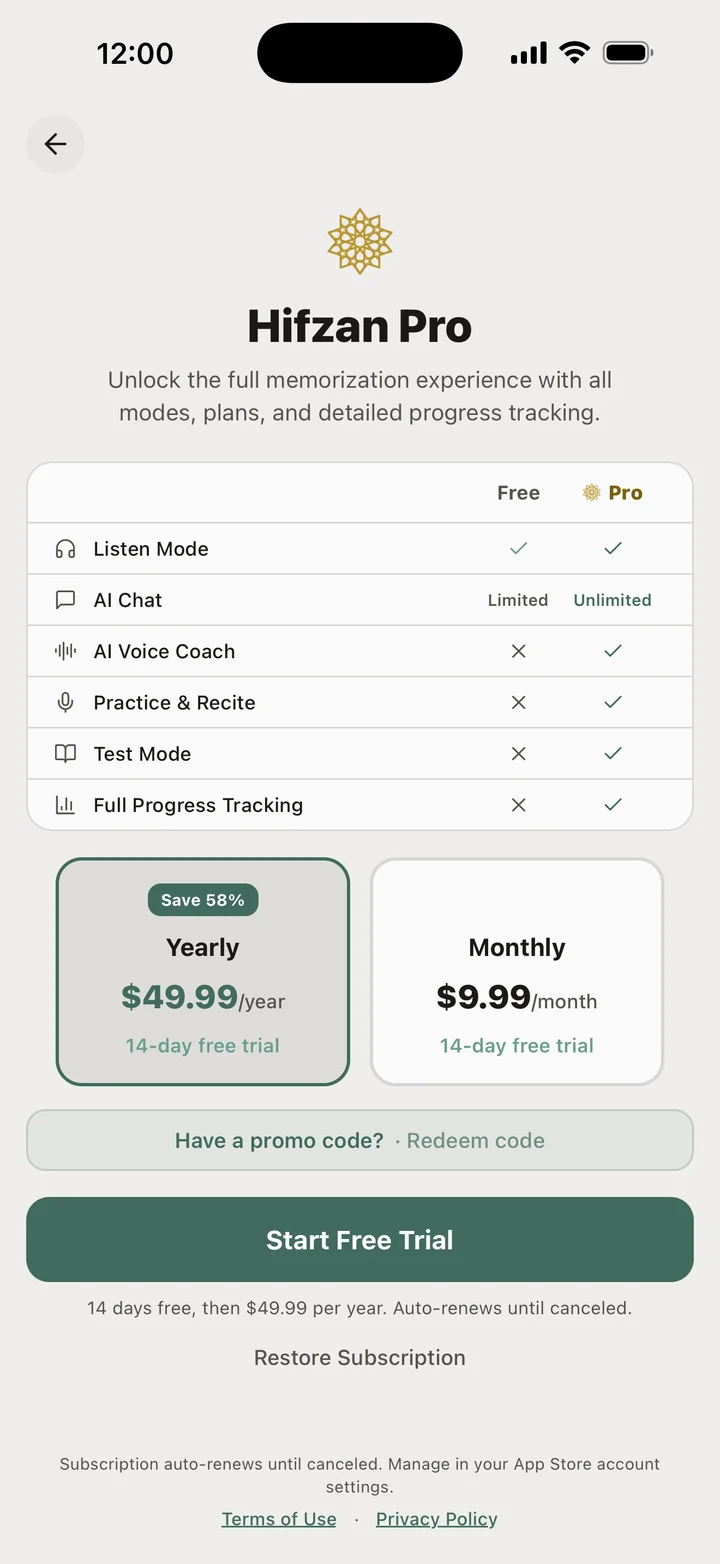 The Hifzan Pro screen in light mode: Free and Pro compared, with AI Chat Limited on Free and Unlimited on Pro, and AI Voice Coach on Pro