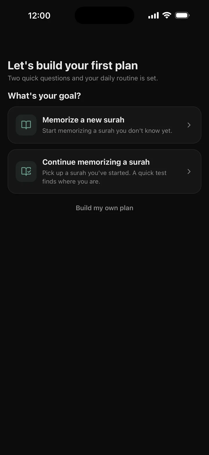 Let's build your first plan: choose Memorize a new surah or Continue memorizing a surah, or Build my own plan, in dark mode