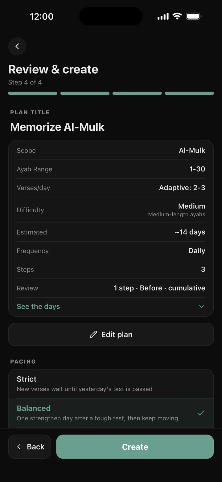 Review and create: Memorize Al-Mulk, ayahs 1 to 30, about 14 days, with Strict or Balanced pacing, in dark mode