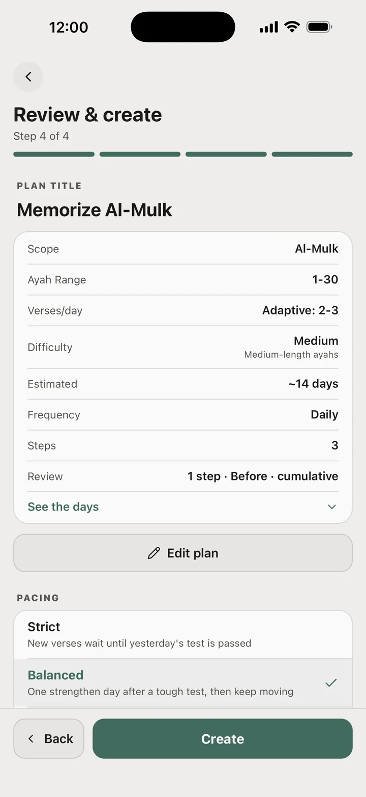 Review and create: Memorize Al-Mulk, ayahs 1 to 30, about 14 days, with Strict or Balanced pacing