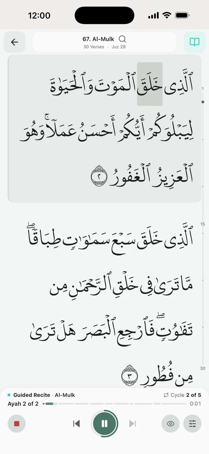 Ayah view: Al-Mulk, one ayah at a time, with the current ayah highlighted