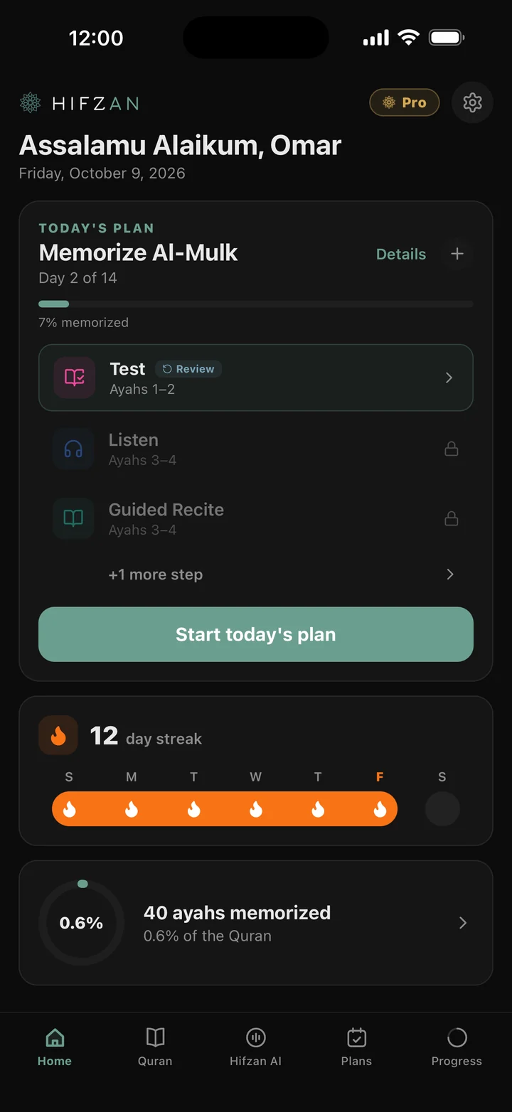 Hifzan's Today screen in dark mode: day 2 of the Al-Mulk plan, the review test first, then Listen and Guided Recite, and a 12 day streak