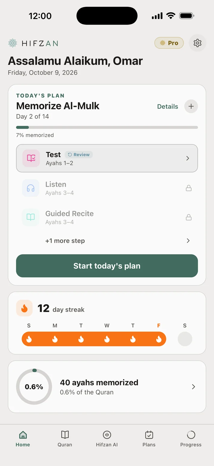 Hifzan's Today screen in light mode: day 2 of the Al-Mulk plan, the review test first, then Listen and Guided Recite, and a 12 day streak